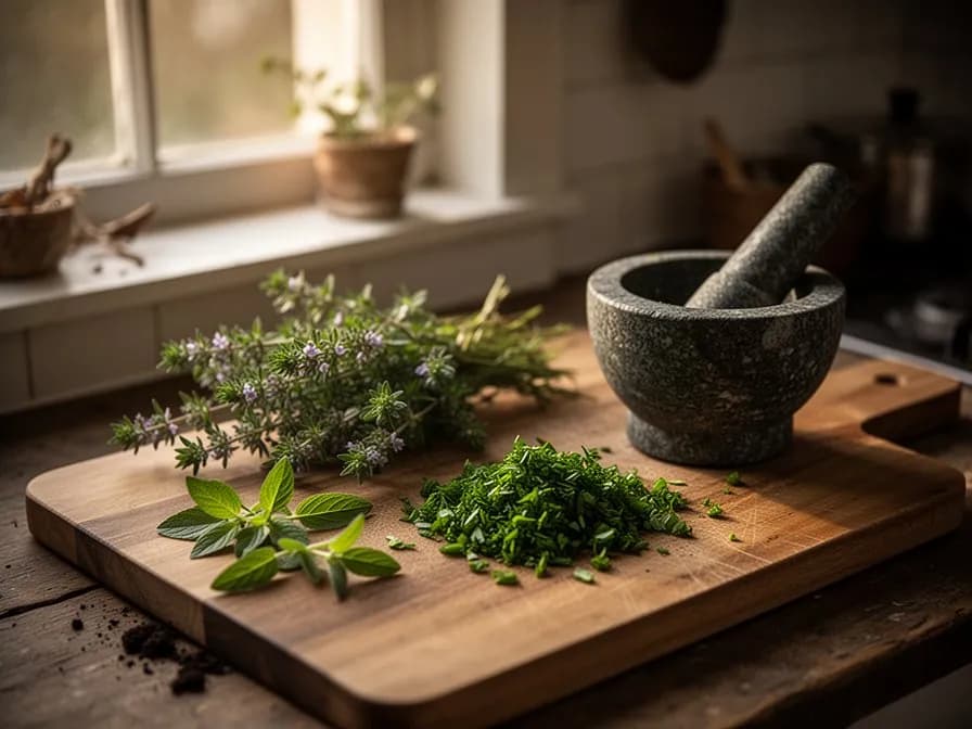 Denso follaje aromático de hisopo con hojas estrechas de color verde oscuro lanceoladas sobre tallos leñosos