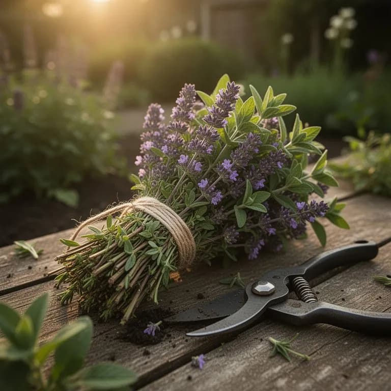 Frisch geschnittene Bündel von Ysopstängeln mit Blüten auf einem hölzernen Schneidebrett