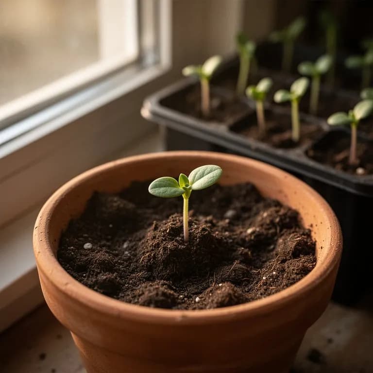 Junger Ysop-Sämling mit winzigen gegenständigen Blättern, der aus gut durchlässiger Gartenerde sprießt