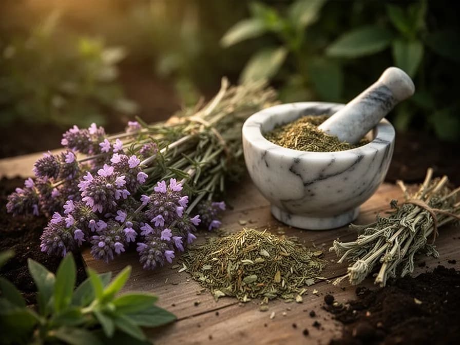 Rosablühende Ysop-Sorte, die neben der traditionellen blauen Form in einem Kräutergarten blüht