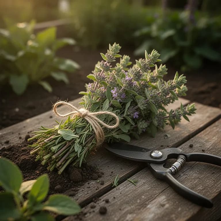Tallos de hisopo recién cortados en un manojo mostrando flores y hojas superiores