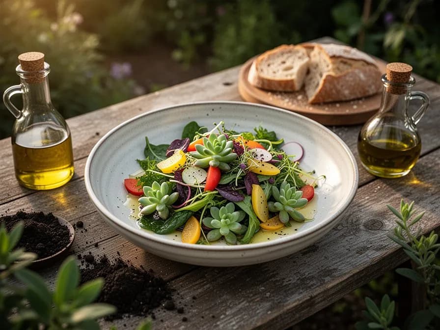 Fresh ice plant leaves served in a mixed green salad with citrus dressing