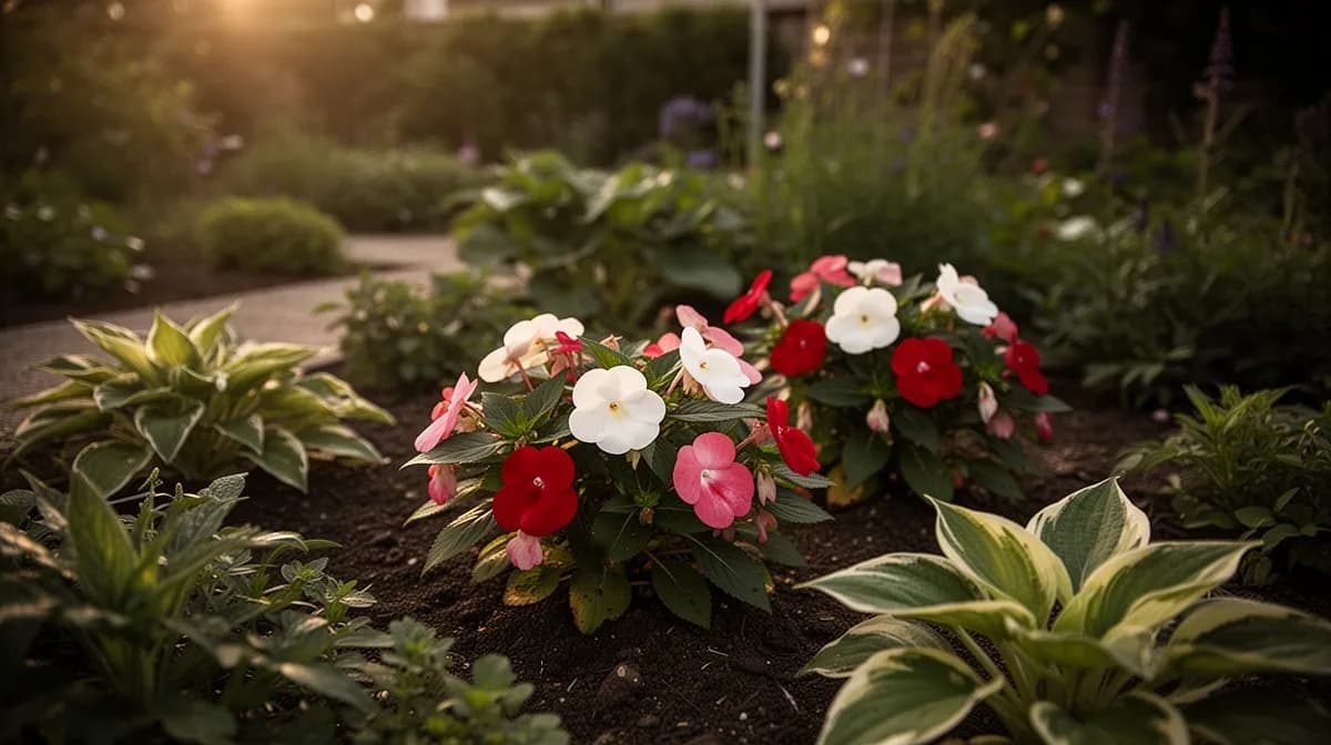 Impatiens growing lushly under the dappled shade of mature trees