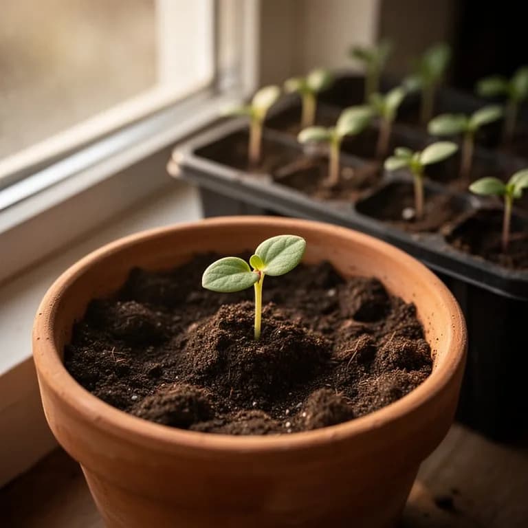 Tiny impatiens seedlings with their first true leaves emerging