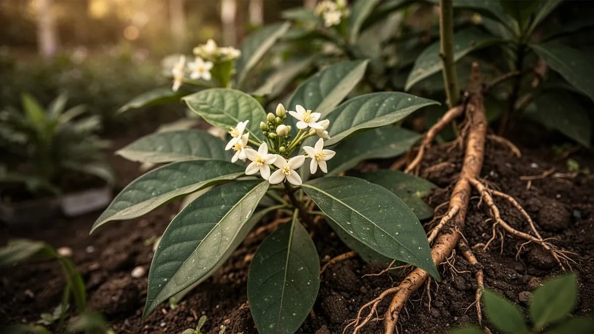 Rauwolfia serpentina creciendo de forma natural en el sotobosque de un bosque tropical húmedo en Asia del Sur