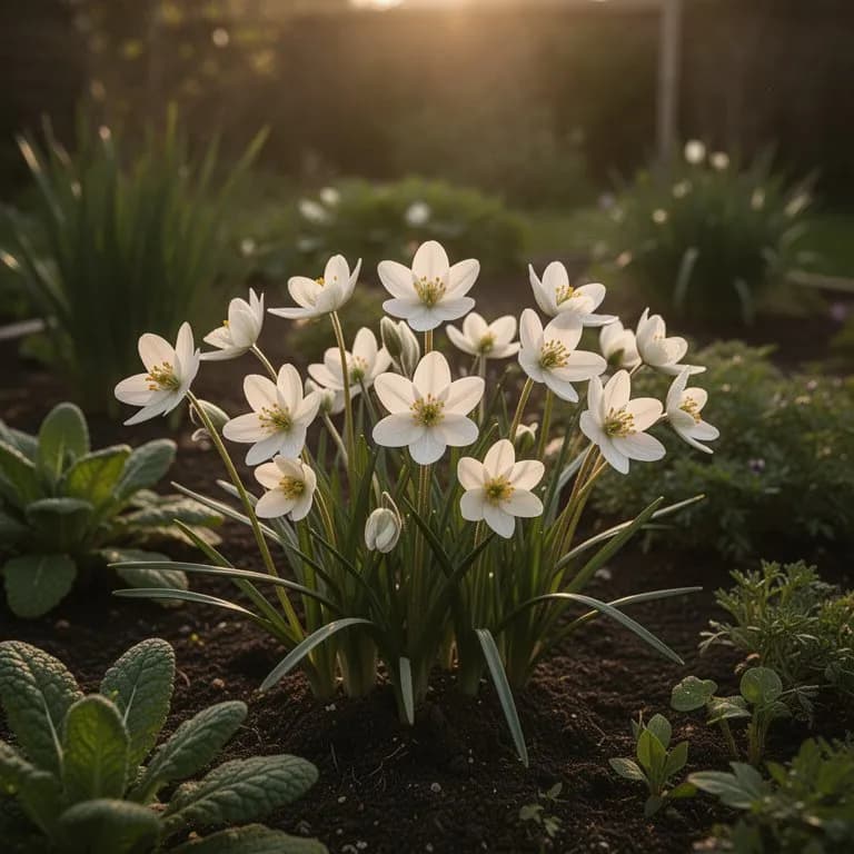 Cultivar White Star de Ipheion uniflorum con flores de un blanco puro