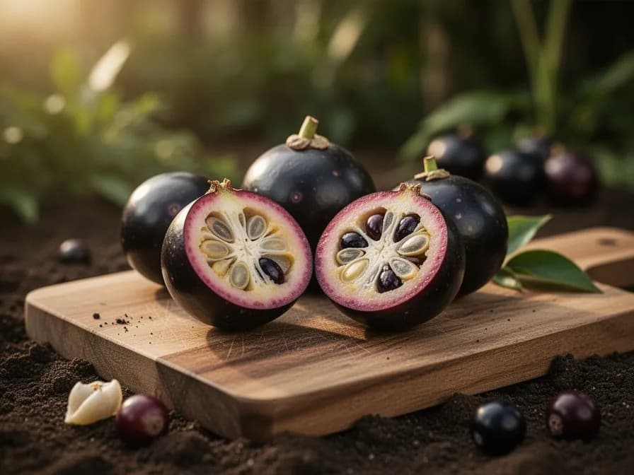 Aufgeschnittene Jabuticaba-Frucht mit durchscheinendem weißem Fruchtfleisch und dunklen Samen im Inneren