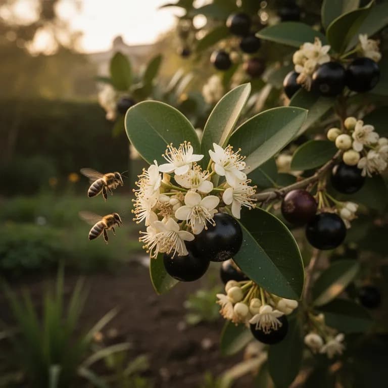 Winzige weiße Jabuticaba-Blüten, die entlang der Rinde eines Baumstammes hervorkommen