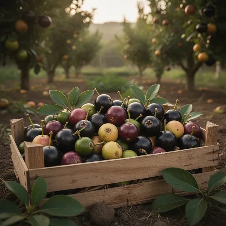 Hand pflückt vorsichtig reife Jabuticaba-Beeren vom Stamm des Baumes