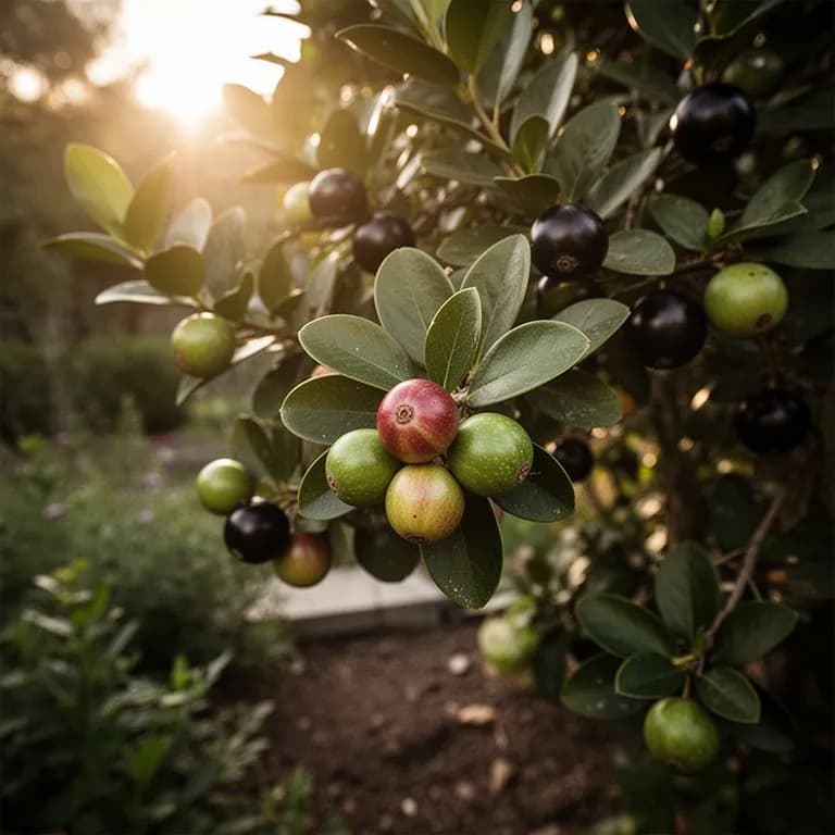 Nahaufnahme dunkelvioletter Jabuticaba-Beeren, die entlang der Stammrinde gruppiert sind