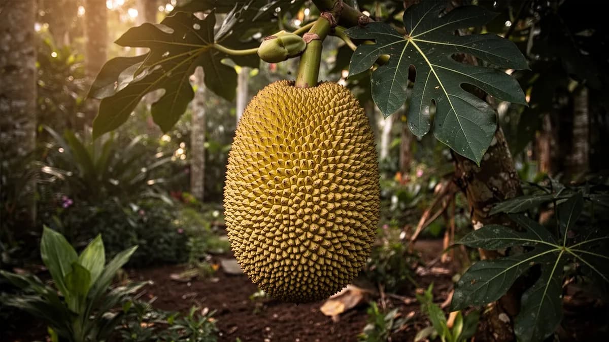 Árbol de yaca maduro con una amplia copa tropical