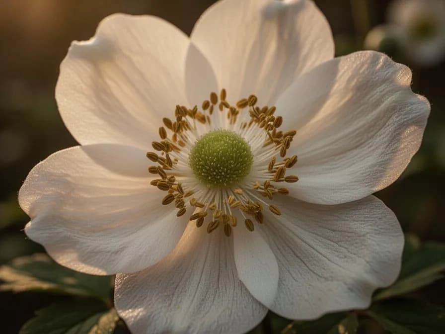 Flaumige, watteartige Samenstände der Herbst-Anemone im niedrigen Herbstlicht
