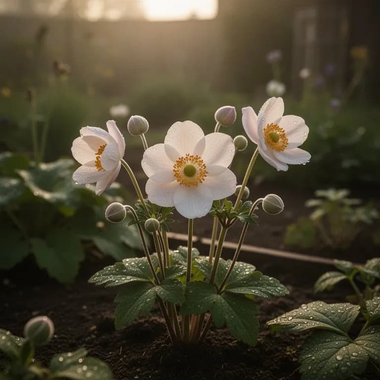 Büschel zartrosaner Herbst-Anemonen-Blüten, die an hohen drahtigen Stielen im spätsommerlichen Gartenlicht schwingen
