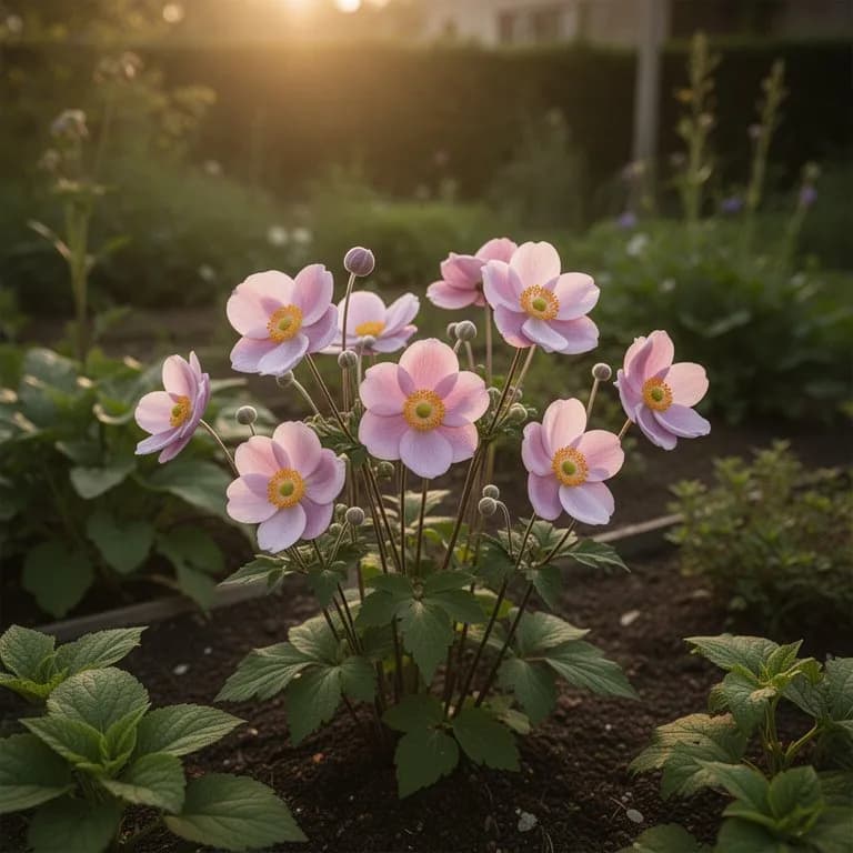 Flores blancas puras de Anemone × hybrida Honorine Jobert con estambres amarillo dorado sobre follaje verde oscuro