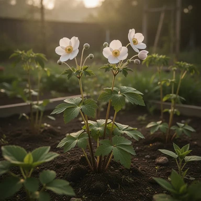 Dunkelgrüne dreilappige Grundblätter der Herbst-Anemone, die einen dichten bodenbedeckenden Horst bilden