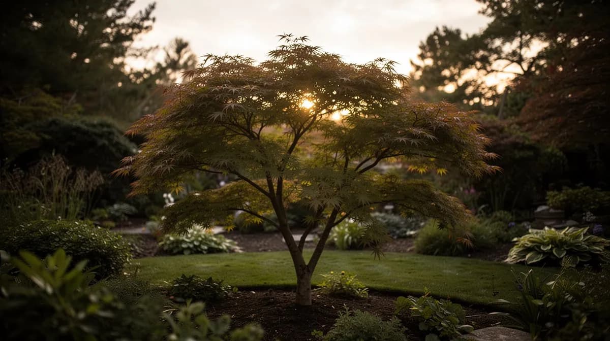 Japanischer Ahorn unterpflanzt mit Funkien, Farnen und Azaleen in einem Waldgarten