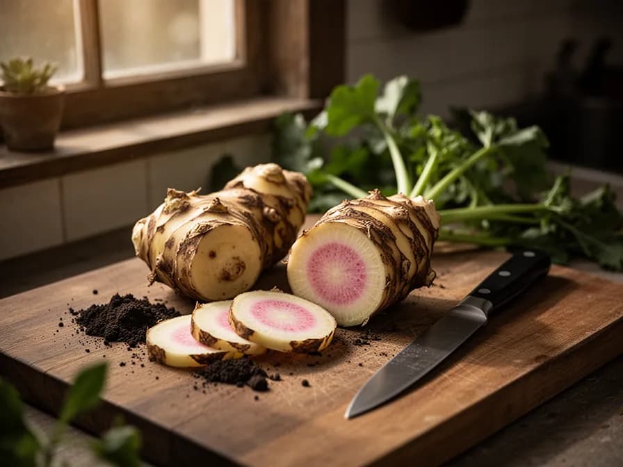 Frisch geerntete, knubbelige Topinambur-Knollen mit rotbrauner Schale