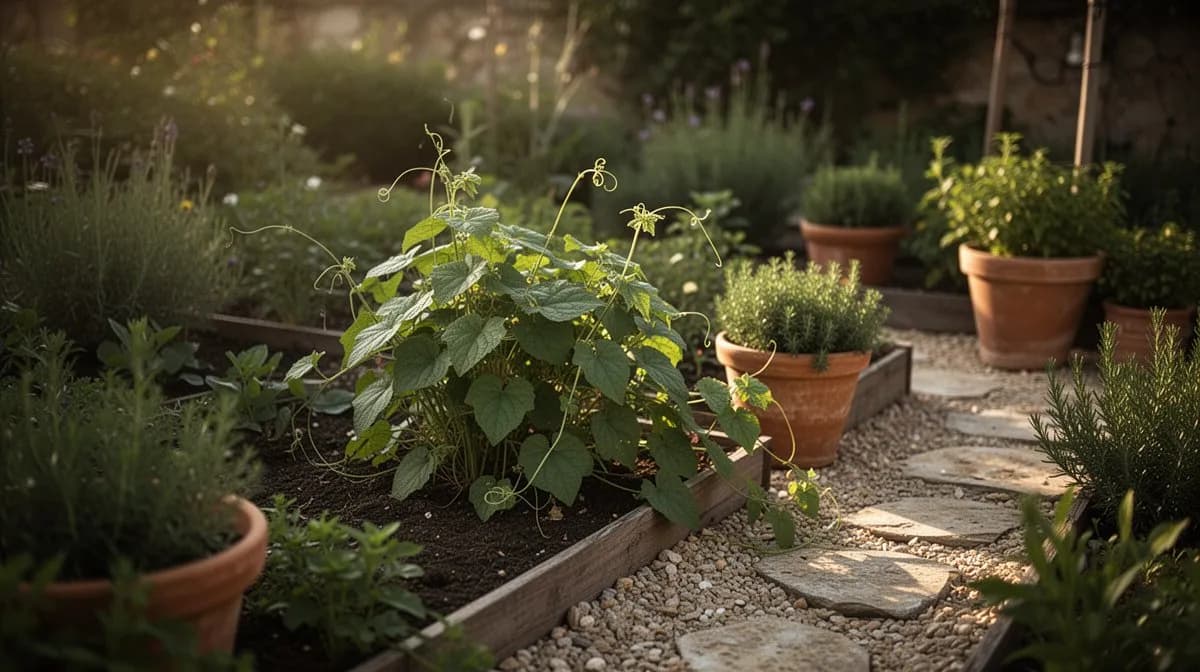 Jiaogulan creciendo abundantemente en un enrejado de jardín junto a plantas compañeras