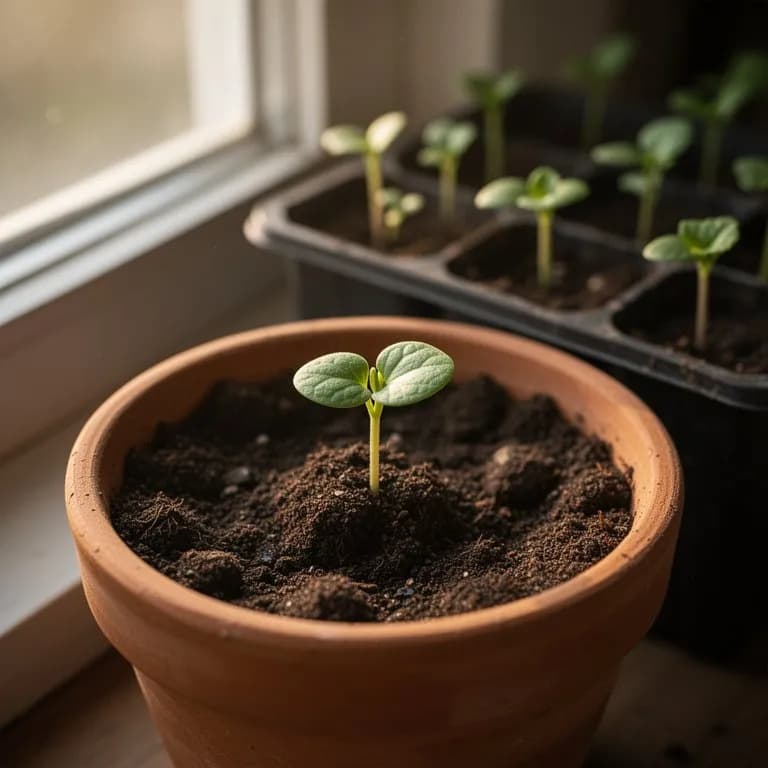 Plántula joven de jiaogulan con el primer par de hojas verdaderas emergiendo