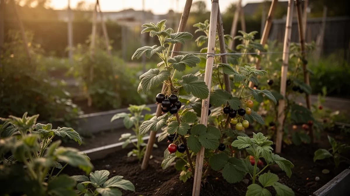 Eine Reihe reifer Jostabeeren-Sträucher, die eine produktive Fruchthecke entlang einer Gartengrenze bilden