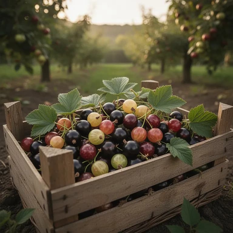 Reife Jostabeeren in tiefer schwarzvioletter Farbe in Trauben am Strauch, größer als Schwarze Johannisbeeren mit leichtem Duftfilm