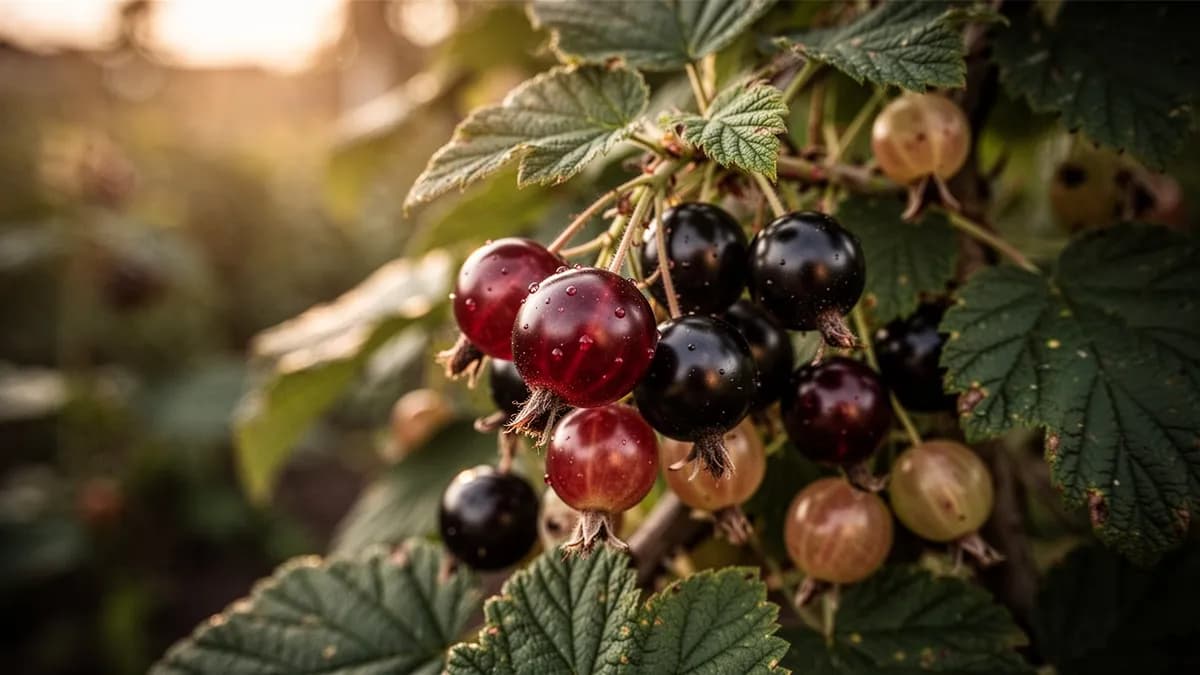Arbusto de jostaberry sin hojas a finales del invierno, con cañas arqueadas sin espinas y yemas hinchadas sobre un fondo de jardín helado