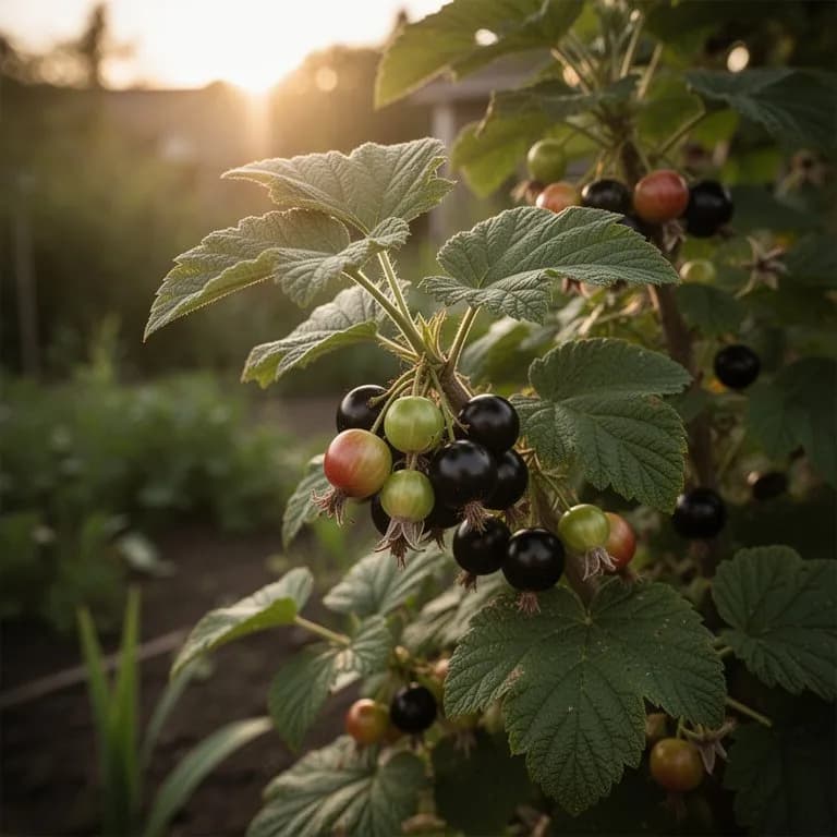 Kahler Jostabeeren-Strauch im Spätwinter mit bogenförmigen dornenlosen Trieben und schwellenden Knospen vor einem frostigen Gartenhintergrund