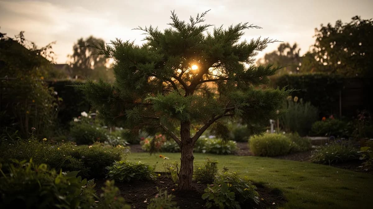 Juniper tree used as a windbreak in a garden landscape