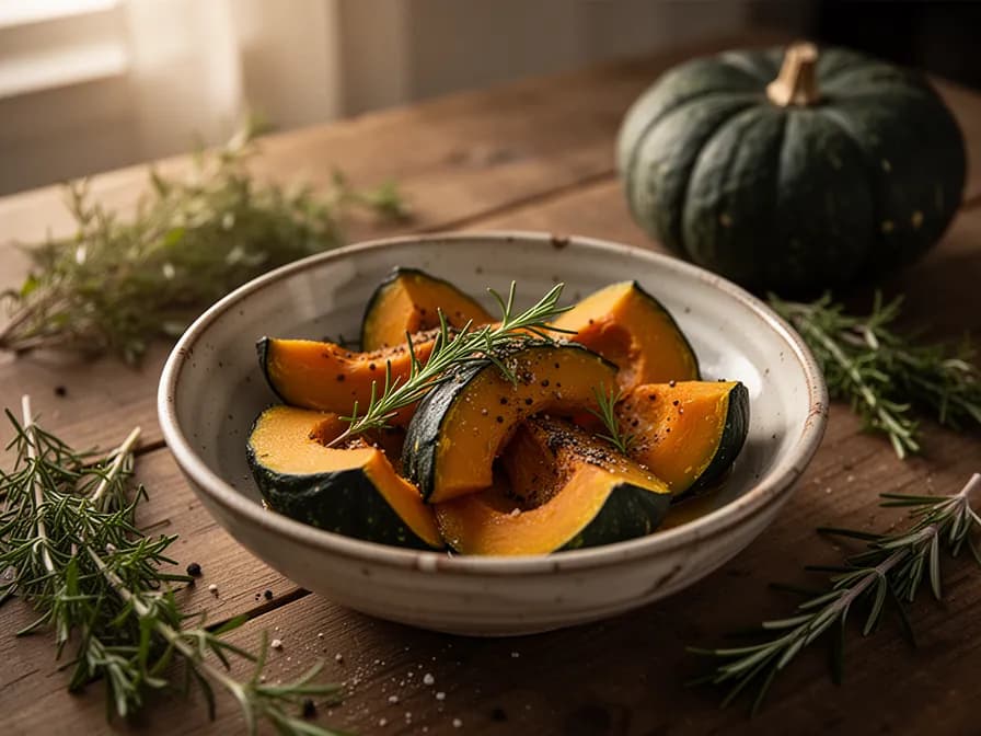 Karamellisierte geröstete Kabocha-Kürbis-Spalten auf einem Backblech