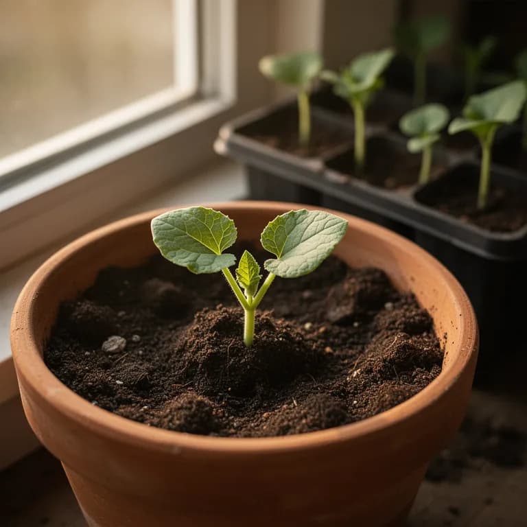 Kabocha-Kürbis-Sämling mit großen, runden Keimblättern, der durch warme Erde bricht