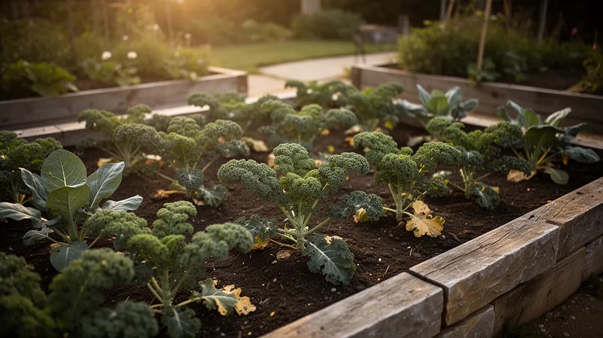 Kale plants growing in a winter garden bed with frost on leaves