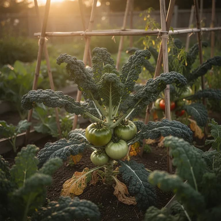 Mature kale plants with full rosettes of dark green leaves