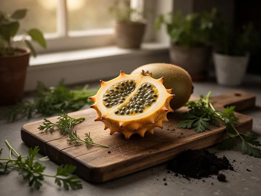 Querschnitt einer Kiwano mit leuchtendem grünem geleeartigen Fruchtfleisch und weißen Samen