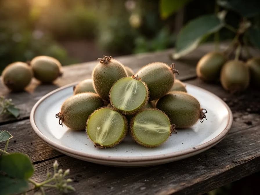 Halbierte Arktische-Kiwi-Frucht mit leuchtend grünem Fruchtfleisch und kleinen schwarzen Samen