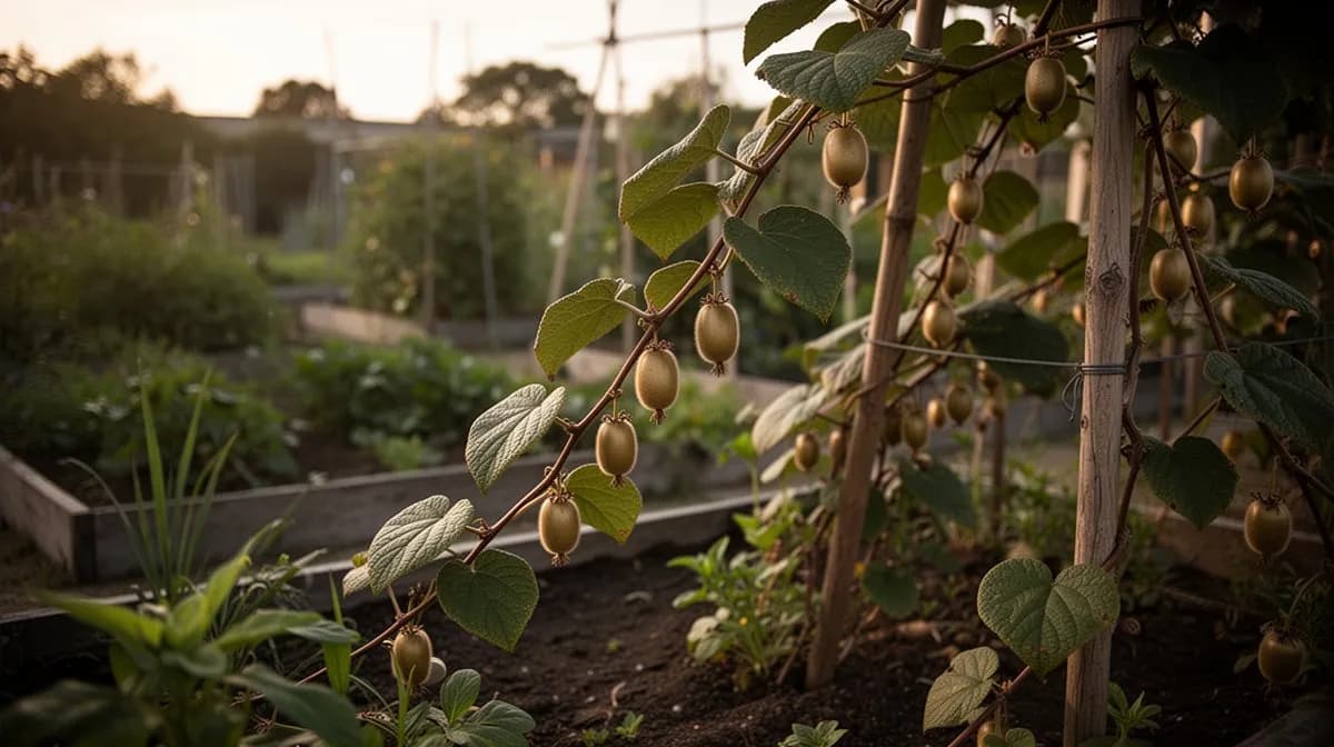 Winterharte Kiwiranke, die an einer stabilen Pergola entlang gezogen wird und dicht belaubt ist