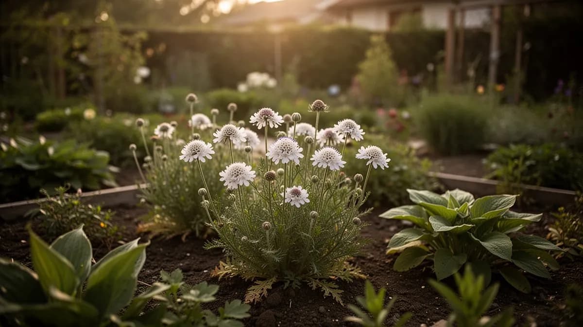 Knautia macedonica zusammen mit Gräsern und Salbei in einem naturalistischen Beet gepflanzt