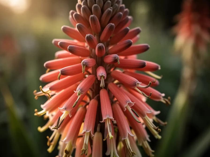 Gärtner teilt einen großen Kniphofia-Horst mit einem scharfen Spaten und zeigt das rhizomartige Wurzelsystem