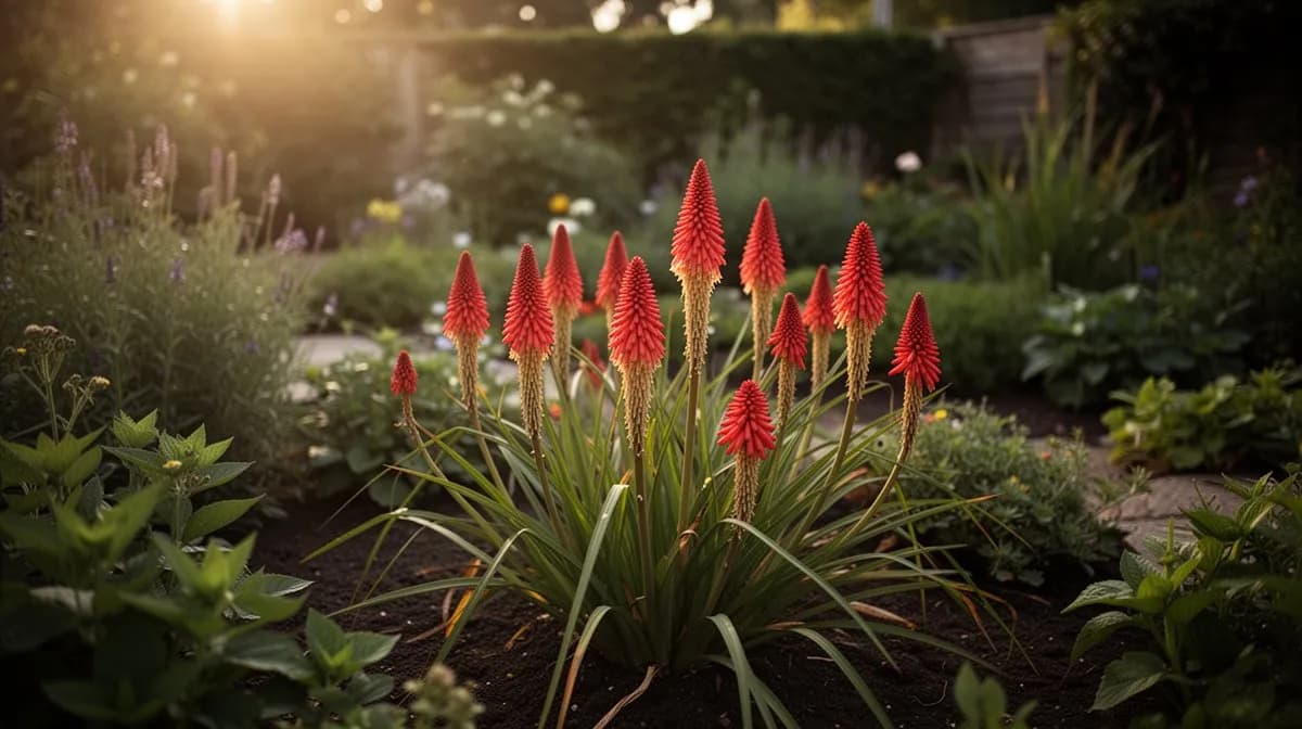 Verschiedene Kniphofia-Sorten in einer dramatischen Staudenrabatte mit Ziergräsern gepflanzt