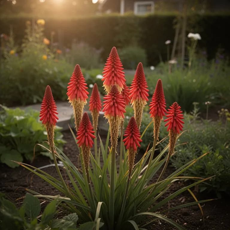 Kniphofia-Laub zu einem Bündel für den Winterschutz zusammengebunden in einem frostgefährdeten Garten