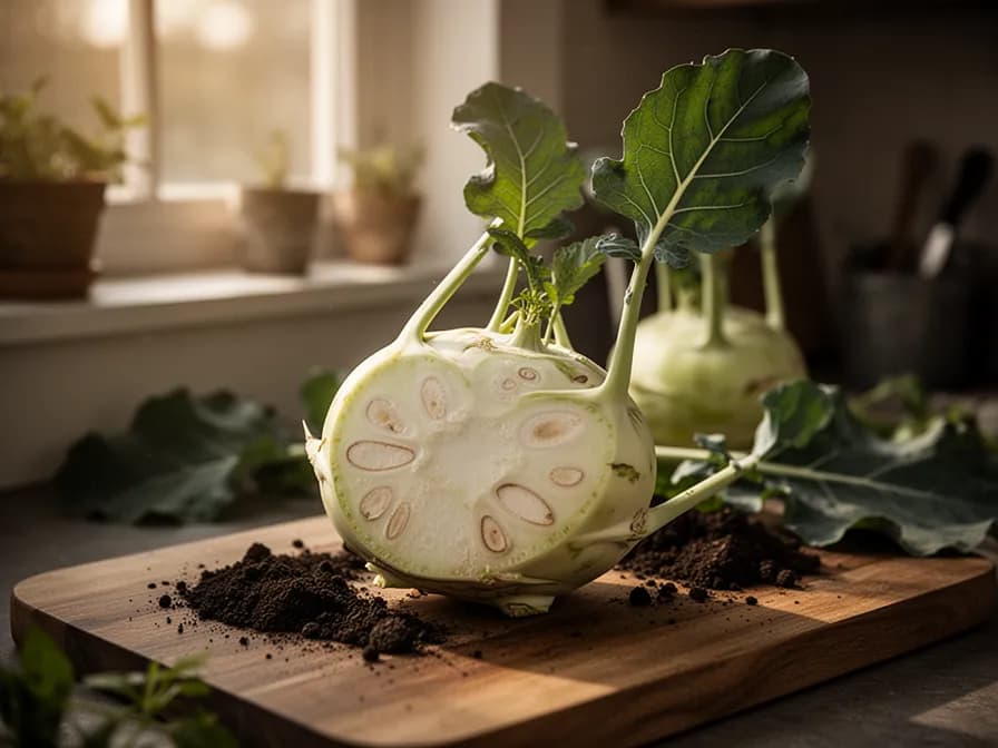 Sliced kohlrabi showing crisp white interior flesh