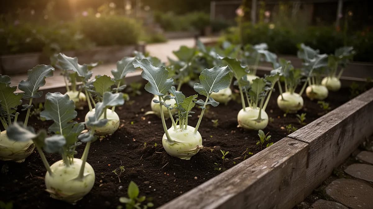 Kohlrabi plants growing in a raised garden bed
