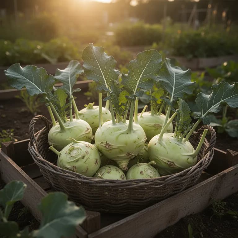 Freshly harvested green and purple kohlrabi bulbs