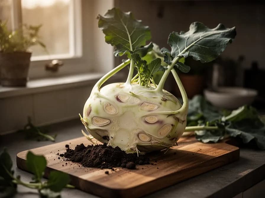 Cross-section of giant kohlrabi showing crisp white interior flesh