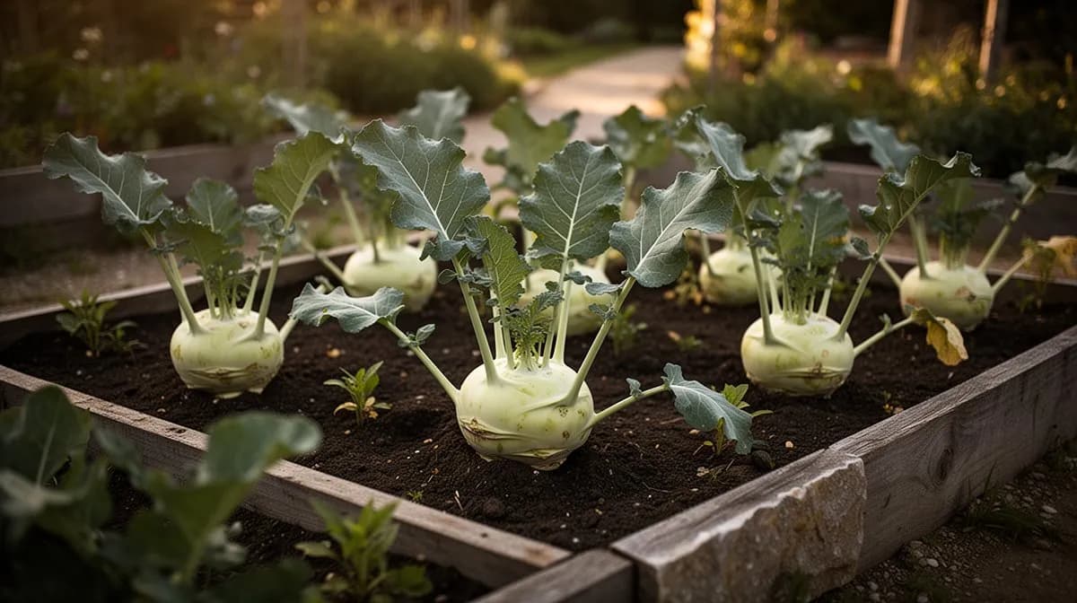 Row of giant kohlrabi plants growing in a raised garden bed with mulch