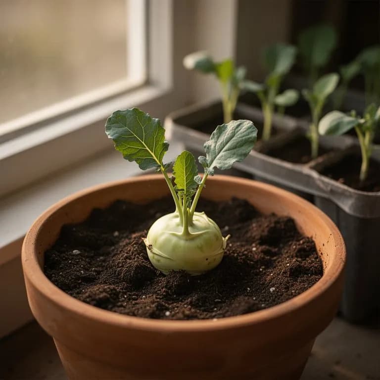 Young giant kohlrabi seedling with broad blue-green cotyledon leaves