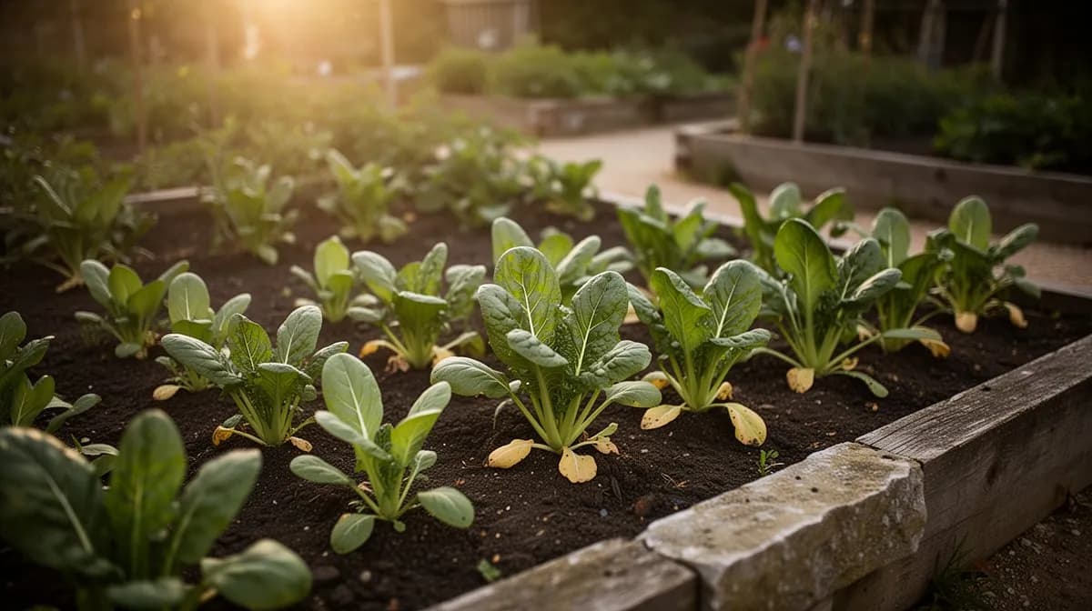 Dense rows of komatsuna growing in a raised garden bed with rich dark soil