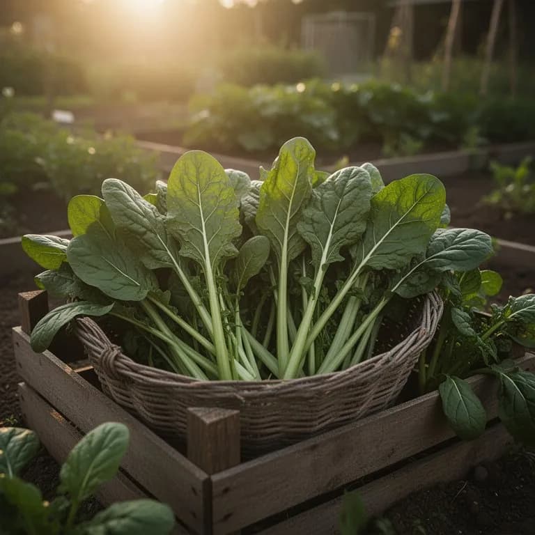 Freshly harvested komatsuna bunches with deep green leaves and pale green stems