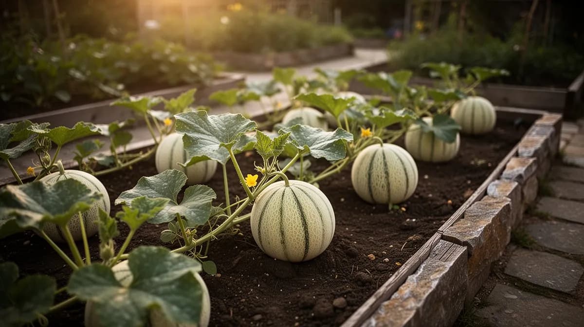 Ranken der Koreanischen Melone breiten sich über ein Gartenbeet aus mit mehreren reifenden Früchten