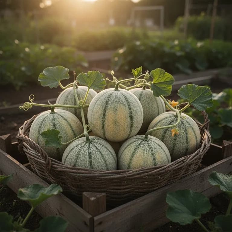 Reife goldgelbe Koreanische Melonen mit weißen Streifen in einem Erntekorb angeordnet