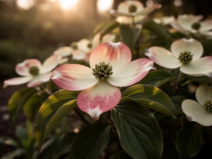 Ripe red kousa dogwood fruits hanging from branches